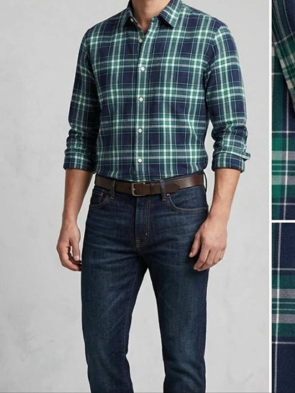 GAP Men's Navy and Green Plaid Button-Down Shirt